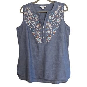 Croft & Barrow Womens Sz L Boho Floral Blue Cotton Embroidered Sleeveless Top
